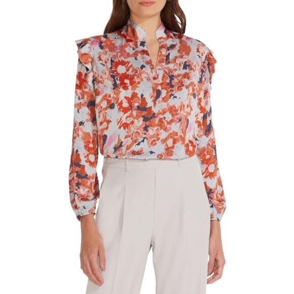 NIC+ZOE Tops - NIC+ZOE Womens Pressed Petals Top 3X Light Blue Orange Long Sleeve NWT